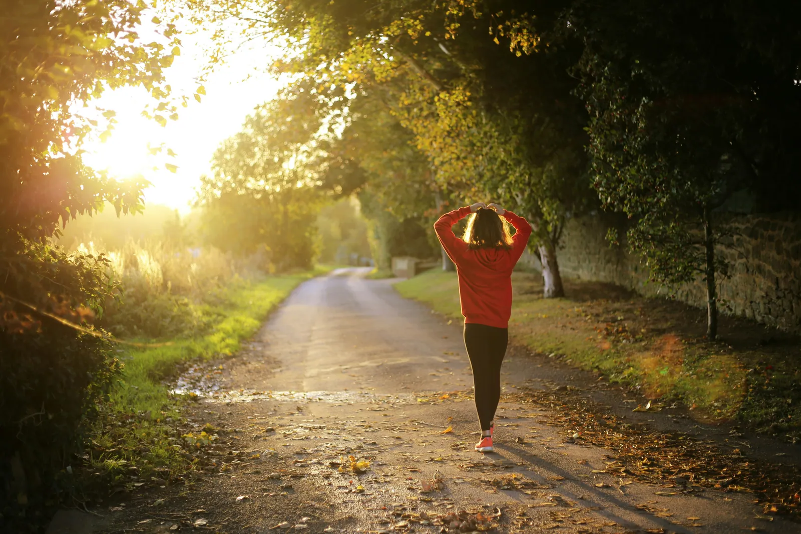 A woman jogging on a tree-lined country road at sunrise