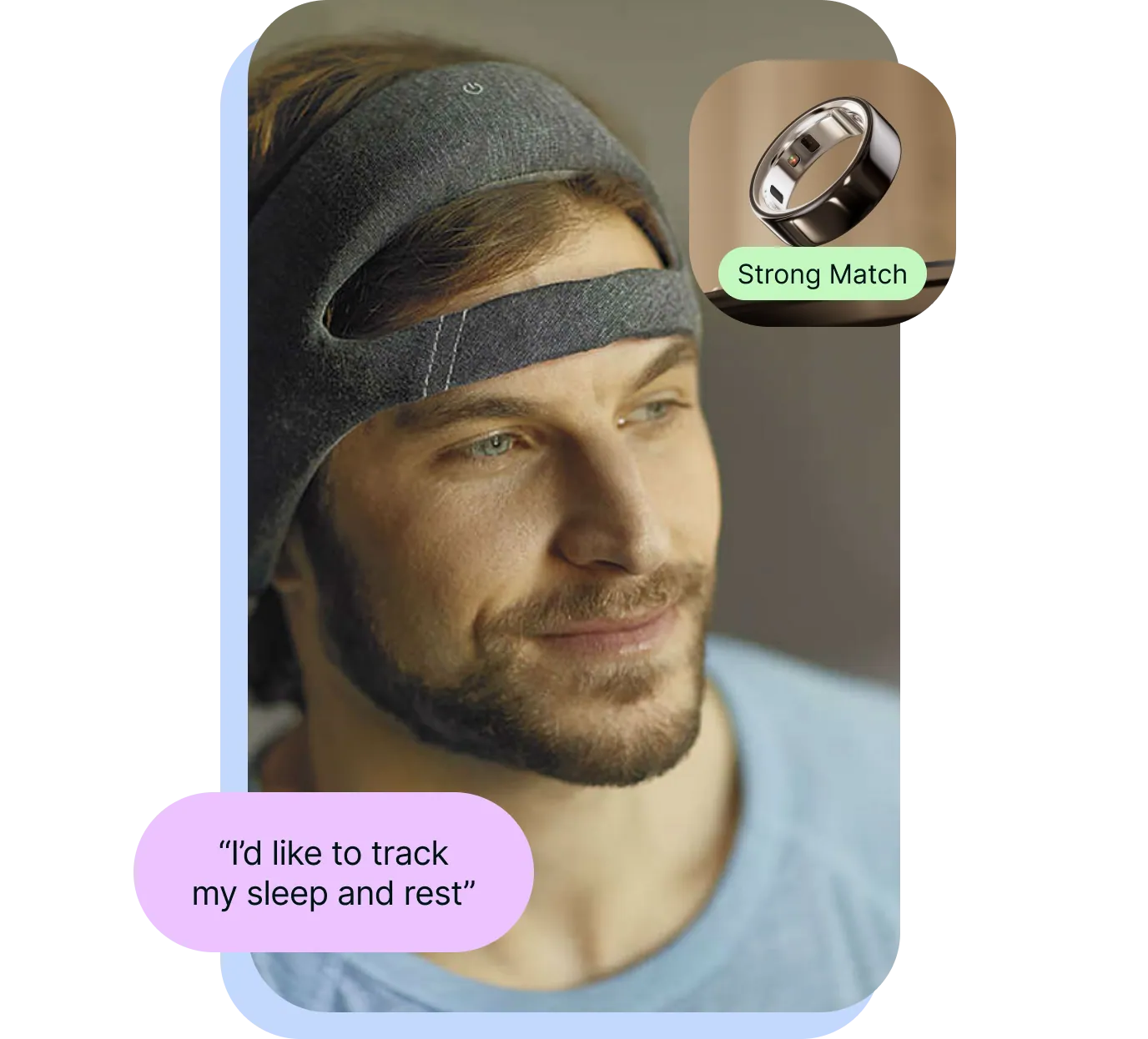 A thrivvy member tracking their sleep and rest with a wearable headband, matched to a Strong Match smart ring